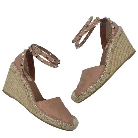 Valentino Garavani Rockstud Double Leather Wedge Espadrille Pink Size 39 - Picture 5 of 12
